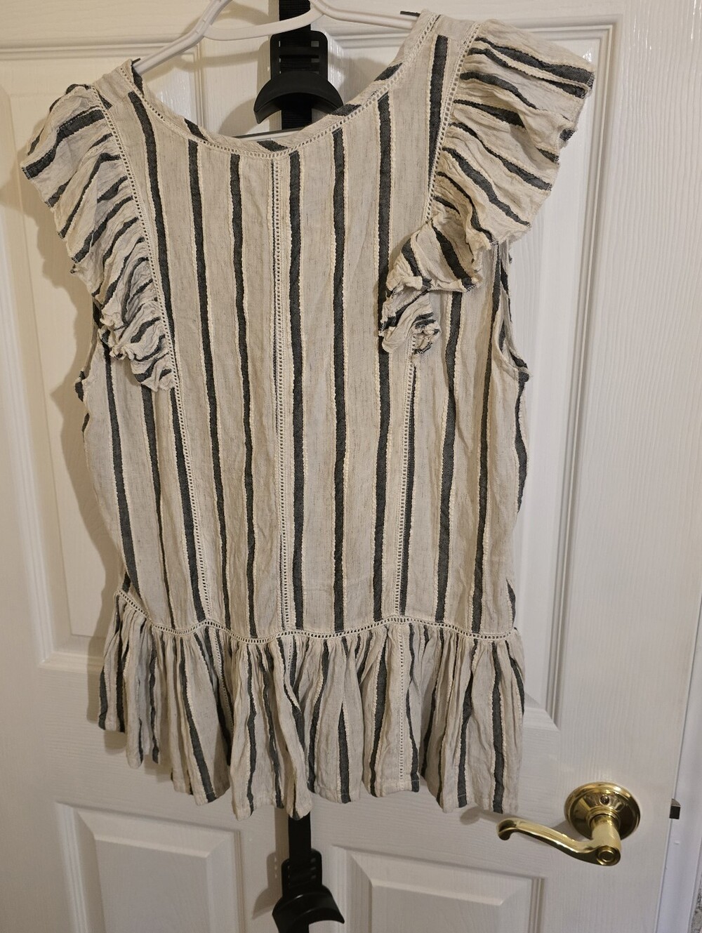 Dear John Black & Cream Vertical Stripe Ruffle Button Top - Picture 3 of 3